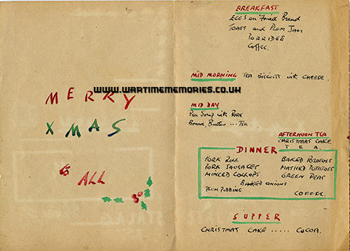 Inside of hand-made Christmas Menu, 1944
